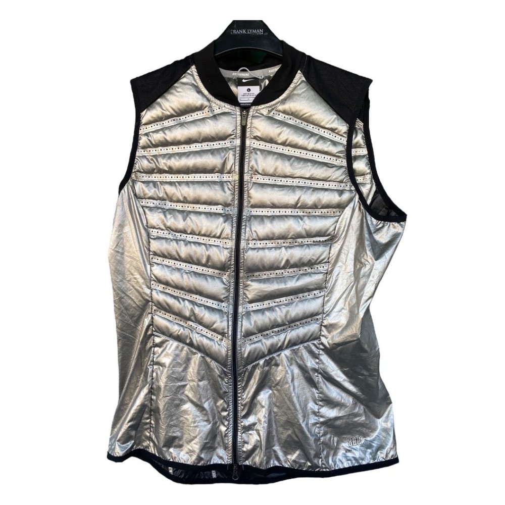 Nike Metallic Silver Quilted Sleeveless Puffer Vest with Black Trim